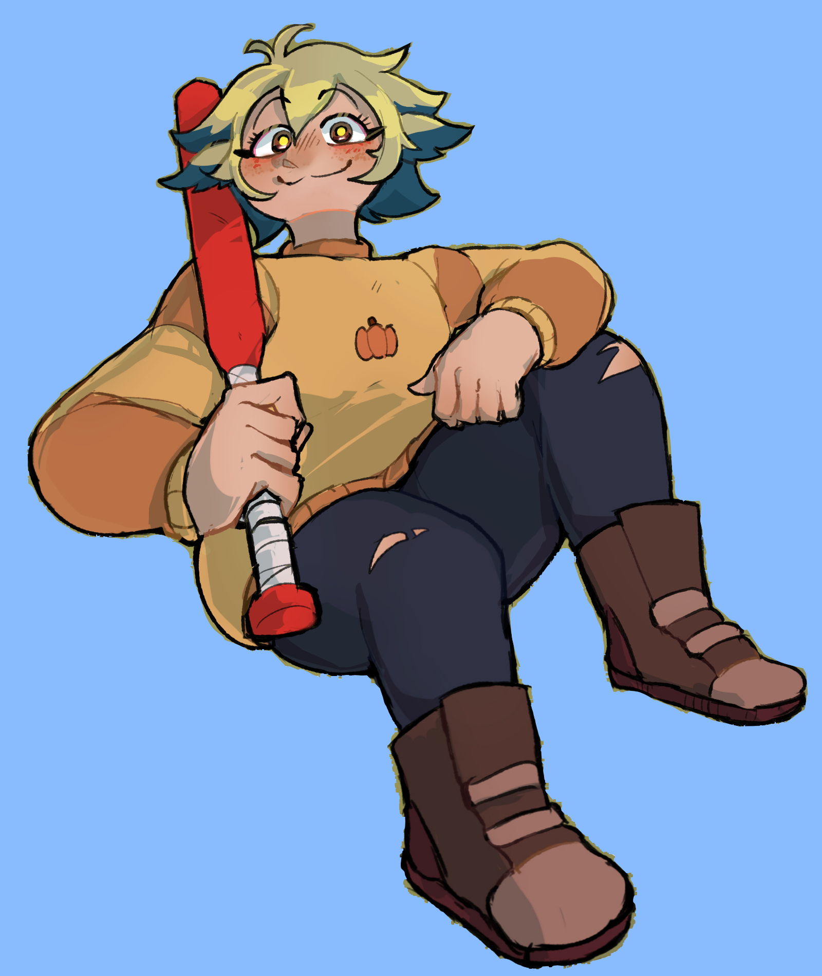 Image of Vee from The Owl House holding a bat and smiling into the camera